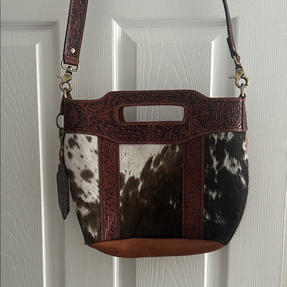 Handcrafted Brown Tooled Leather & Cowhide Crossbody Bag